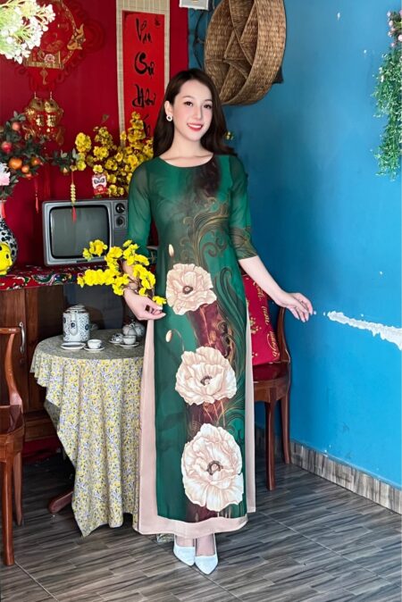 Áo dài xanh ngọc bông chân