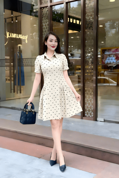 Đầm cổ sơ mi dúm hai bên