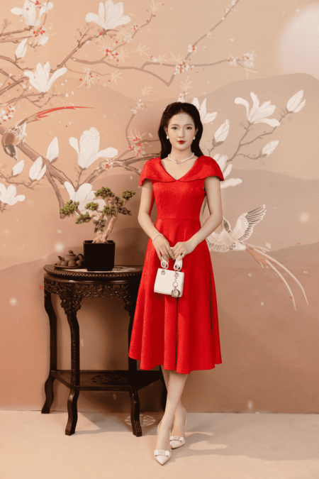 Đầm xòe gấm cổ tim